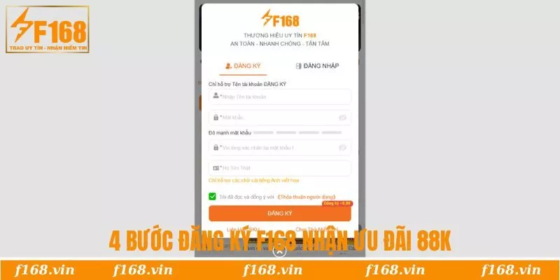 4 bước đăng ký F168 nhận ưu đãi 88K