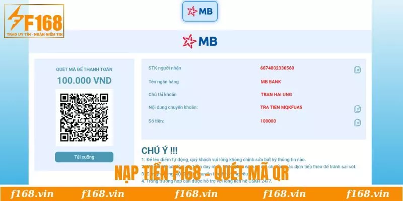 Quét mã QR thanh toán nạp tiền tại F168