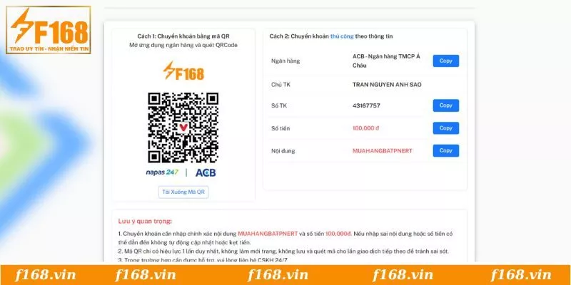 Hoàn tất giao dịch nạp nhanh F168