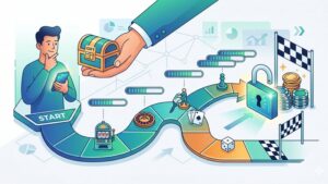 Современная редакционная иллюстрация с элементами казино для статьи о правилах отыгрыша бездепозитного бонуса