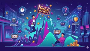 Современная иллюстрация с графиками и игровыми слотами для статьи о волатильности в онлайн-казино