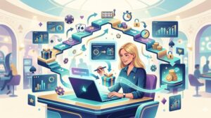 Современная редакционная иллюстрация с элементами казино для статьи о бездепозитных бонусах и требованиях по отыгрышу.